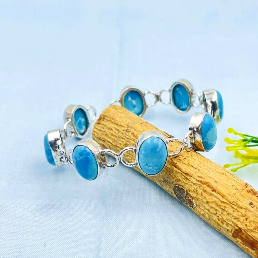 Sterling Silver Larimar Gemstone Handmade Jewelry Cuff Bracelet